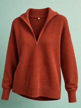 Boutique Oversized Rust Ribbed Quarter Zip Sweater Slouchy Fall Pullover 5046